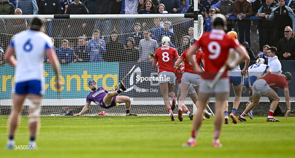 9 May 2026; Cork goalkeeper Patrick Collins makes a save during the Munster GAA Senior Hurling Championship Round 3 match between Waterford and Cork at Azzurri Walsh Park in Waterford. Photo by Seb Daly/Sportsfile