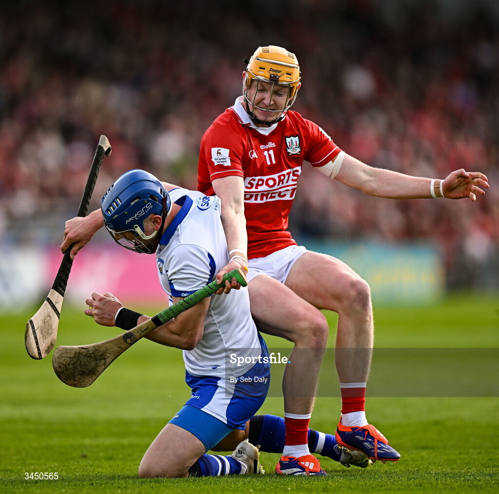 9 May 2026; Paddy Leavey of Waterford in action against Shane Barrett of Cork during the Munster GAA Senior Hurling Championship Round 3 match between Waterford and Cork at Azzurri Walsh Park in Waterford. Photo by Seb Daly/Sportsfile