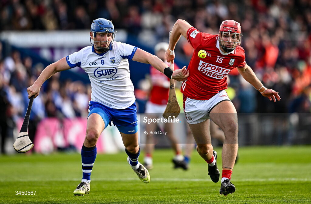 9 May 2026; Brian Hayes of Cork in action against Paddy Leavey of Waterford during the Munster GAA Senior Hurling Championship Round 3 match between Waterford and Cork at Azzurri Walsh Park in Waterford. Photo by Seb Daly/Sportsfile