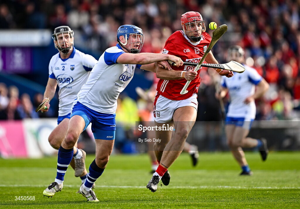 9 May 2026; Brian Hayes of Cork in action against Paddy Leavey of Waterford during the Munster GAA Senior Hurling Championship Round 3 match between Waterford and Cork at Azzurri Walsh Park in Waterford. Photo by Seb Daly/Sportsfile