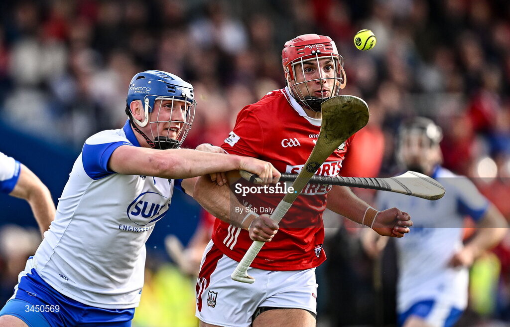 9 May 2026; Brian Hayes of Cork in action against Paddy Leavey of Waterford during the Munster GAA Senior Hurling Championship Round 3 match between Waterford and Cork at Azzurri Walsh Park in Waterford. Photo by Seb Daly/Sportsfile