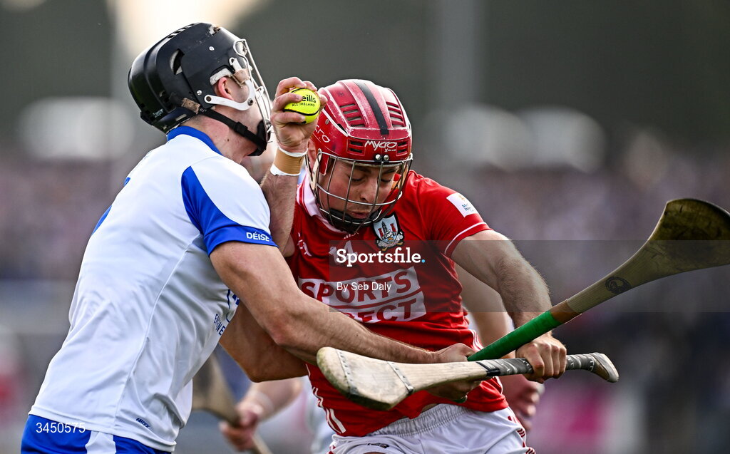9 May 2026; William Buckley of Cork in action against Mark Fitzgerald of Waterford during the Munster GAA Senior Hurling Championship Round 3 match between Waterford and Cork at Azzurri Walsh Park in Waterford. Photo by Seb Daly/Sportsfile