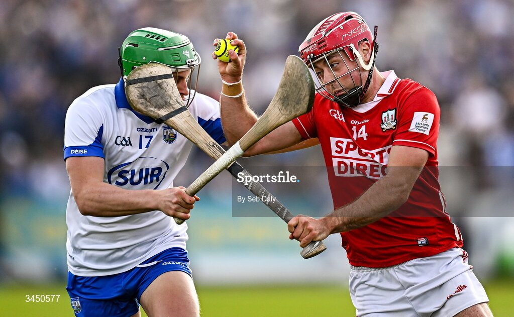9 May 2026; William Buckley of Cork in action against Conor Keane of Waterford during the Munster GAA Senior Hurling Championship Round 3 match between Waterford and Cork at Azzurri Walsh Park in Waterford. Photo by Seb Daly/Sportsfile