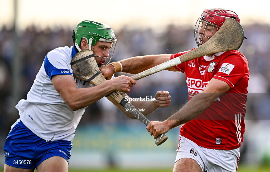 9 May 2026; William Buckley of Cork in action against Conor Keane of Waterford during the Munster GAA Senior Hurling Championship Round 3 match between Waterford and Cork at Azzurri Walsh Park in Waterford. Photo by Seb Daly/Sportsfile