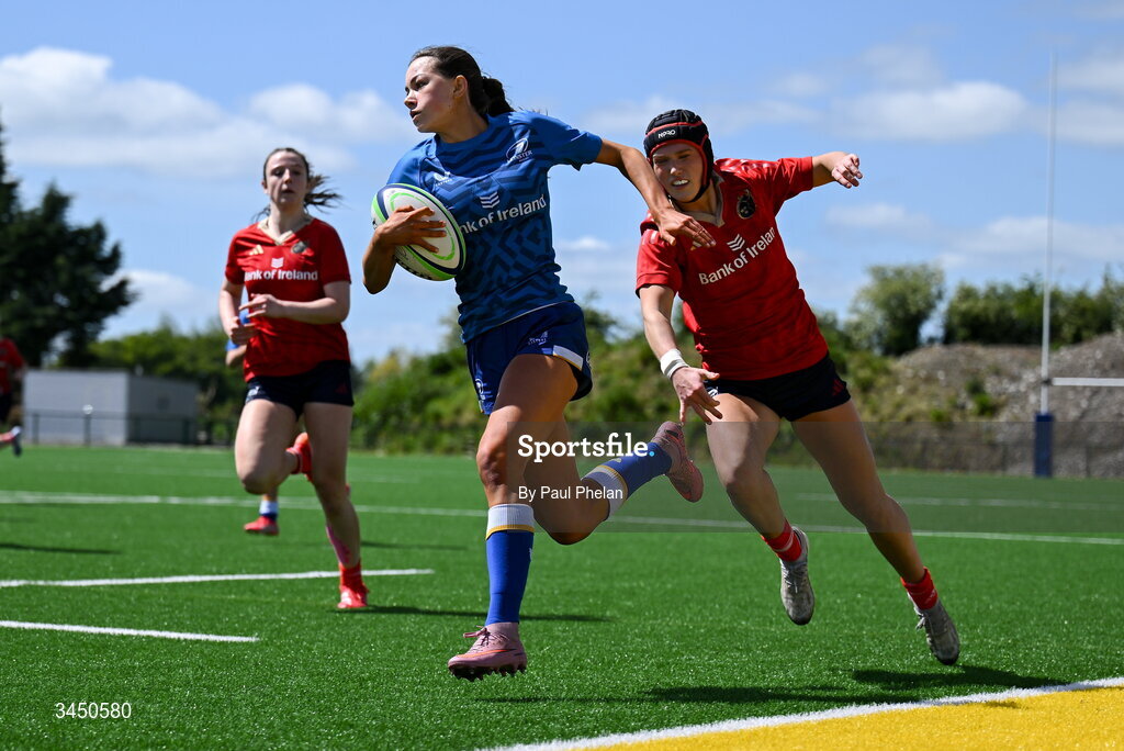 9 May 2026; Meabh Ni Cholla of Leinster 2 on her way to scoring a try during the IRFU U18 Girls 7s Interprovincial Series match between Leinster 2 and Munster 2 at Mullingar RFC in Westmeath. Photo by Paul Phelan/Sportsfile
