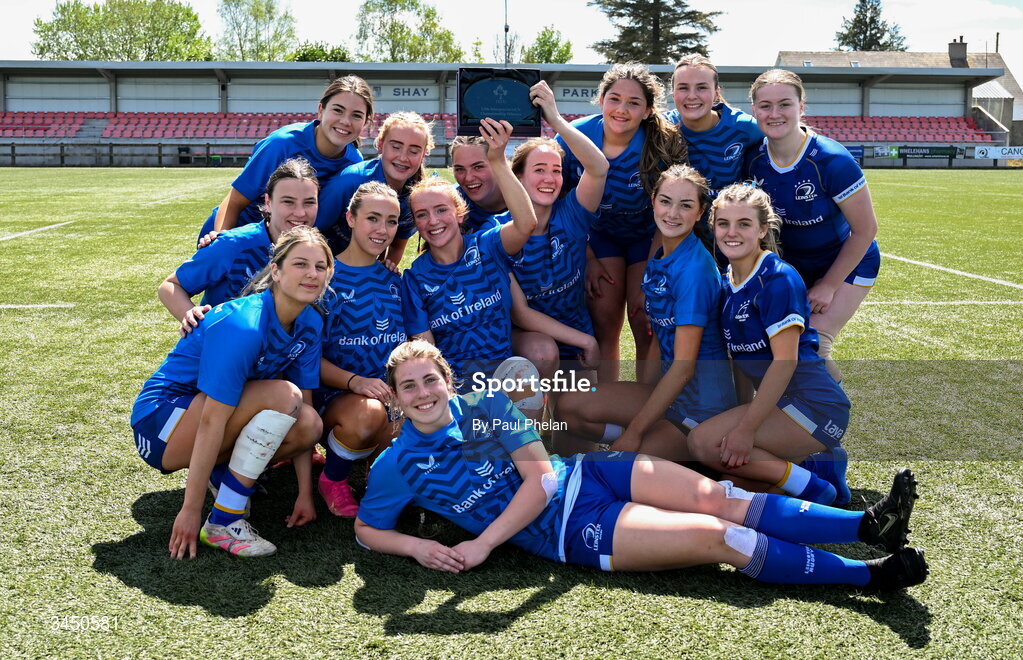 9 May 2026; Leinster 2 celebrate winning the IRFU U18 Girls 7s Interprovincial Series at Mullingar RFC in Westmeath. Photo by Paul Phelan/Sportsfile