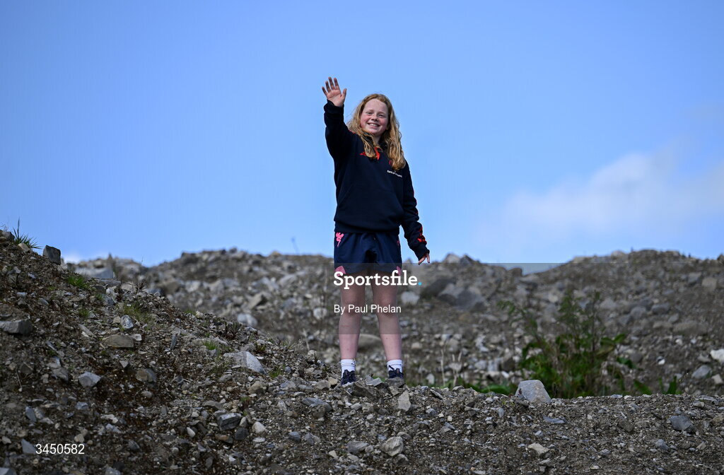 9 May 2026; Ella O'Brien, ten years, from Limerick, cheers on her sister, Cailin O'Brien of Munster, during the IRFU U18 Girls 7s Interprovincial Series match between Munster 1 and Ulster 2 at Mullingar RFC in Westmeath. Photo by Paul Phelan/Sportsfile