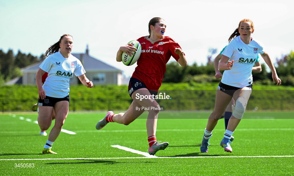 9 May 2026; Keelin O'Shea of Munster on her way to scoring a try during the IRFU U18 Girls 7s Interprovincial Series match between Munster 1 and Ulster 2 at Mullingar RFC in Westmeath. Photo by Paul Phelan/Sportsfile