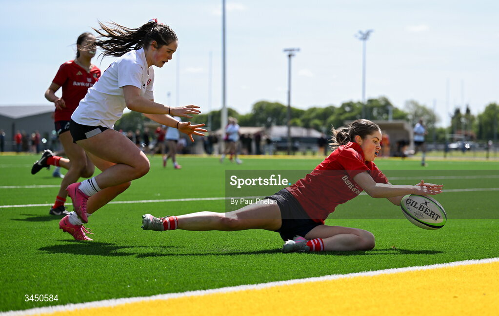 9 May 2026; Keelin O'Shea of Munster scores a try during the IRFU U18 Girls 7s Interprovincial Series match between Munster 1 and Ulster 2 at Mullingar RFC in Westmeath. Photo by Paul Phelan/Sportsfile