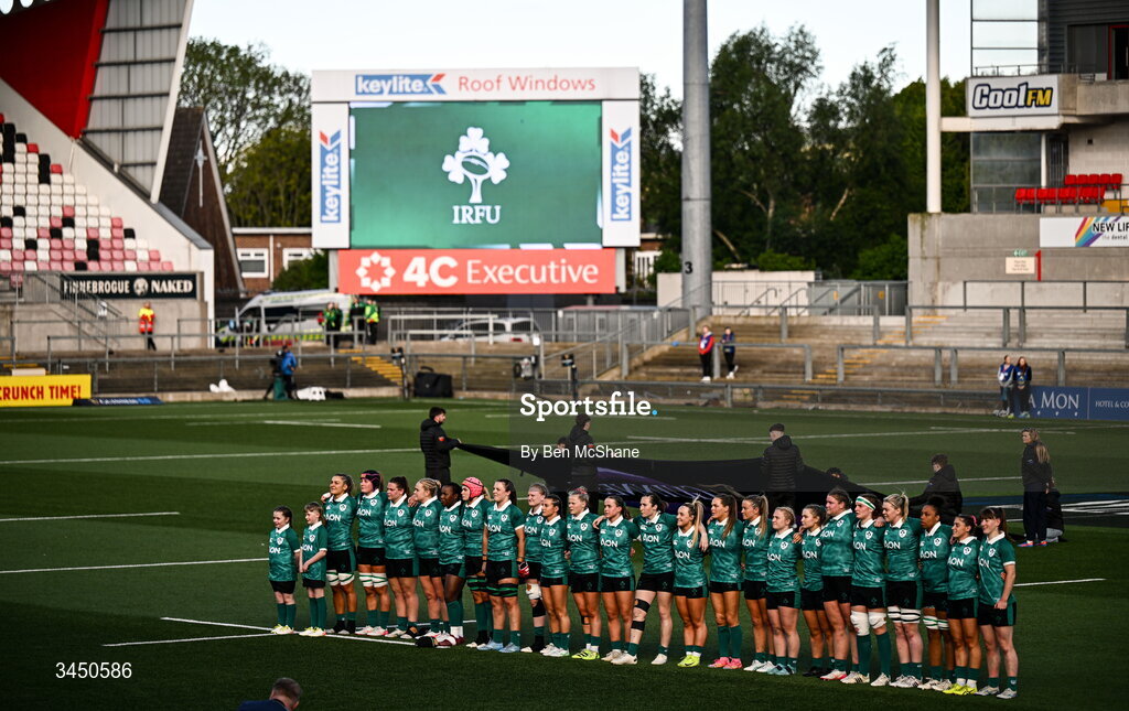 9 May 2026; Ireland players during the playing of Ireland's Call before the Women's 6 Nations Rugby Championship match between Ireland and Wales at Affidea Stadium in Belfast. Photo by Ben McShane/Sportsfile
