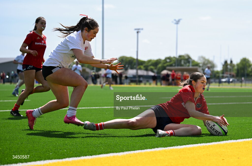 9 May 2026; Keelin O'Shea of Munster scores a try during the IRFU U18 Girls 7s Interprovincial Series match between Munster 1 and Ulster 2 at Mullingar RFC in Westmeath. Photo by Paul Phelan/Sportsfile