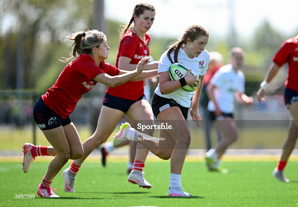9 May 2026; Freya Boyce of Ulster 2 on her way to scoring a try during the IRFU U18 Girls 7s Interprovincial Series match between Munster 1 and Ulster 2 at Mullingar RFC in Westmeath. Photo by Paul Phelan/Sportsfile