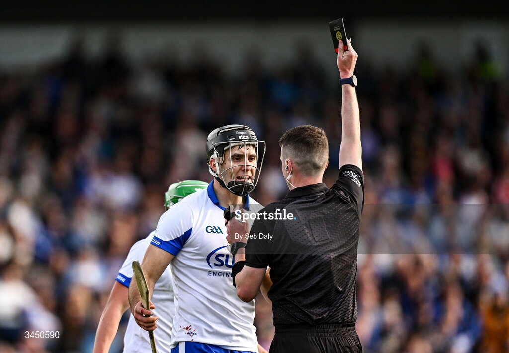 9 May 2026; Mark Fitzgerald of Waterford is shown a black card by referee Sean Stack during the Munster GAA Senior Hurling Championship Round 3 match between Waterford and Cork at Azzurri Walsh Park in Waterford. Photo by Seb Daly/Sportsfile