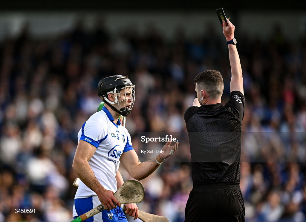 9 May 2026; Mark Fitzgerald of Waterford is shown a black card by referee Sean Stack during the Munster GAA Senior Hurling Championship Round 3 match between Waterford and Cork at Azzurri Walsh Park in Waterford. Photo by Seb Daly/Sportsfile