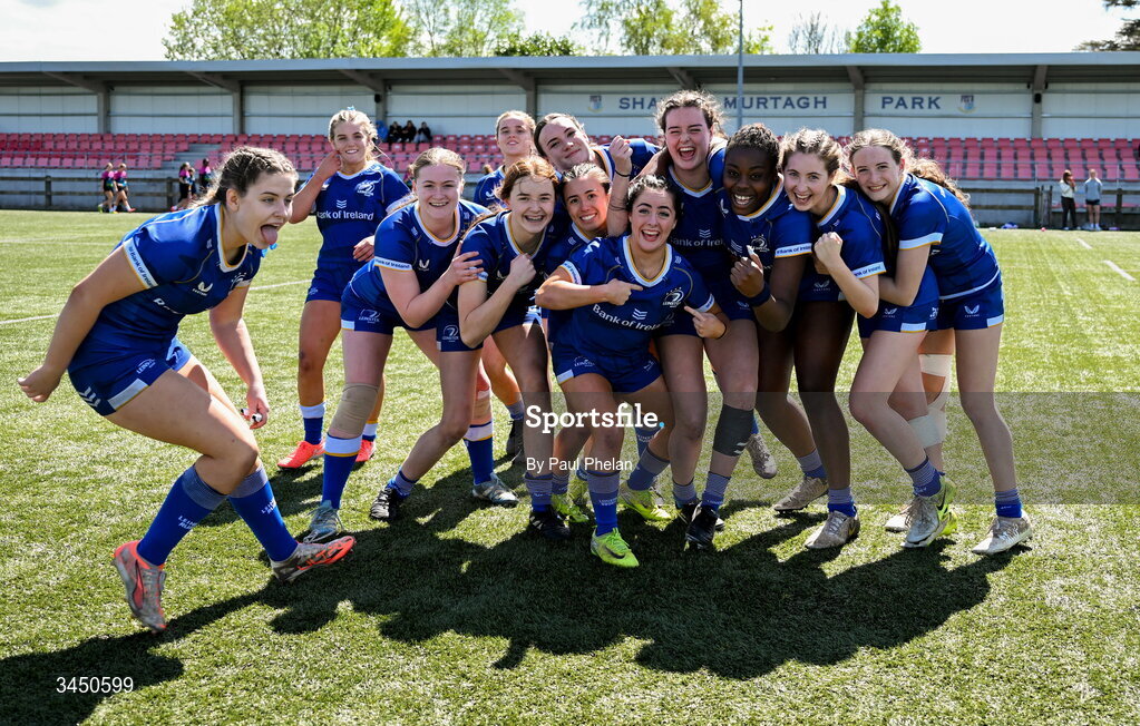 9 May 2026; Leinster 1 celebrate winning the third place play-off after the IRFU U18 Girls 7s Interprovincial Series match between Leinster 1 and Munster 1 at Mullingar RFC in Westmeath. Photo by Paul Phelan/Sportsfile