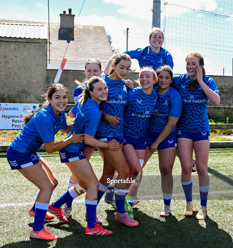 9 May 2026; Leinster 2 celebrate winning the IRFU U18 Girls 7s Interprovincial Series at Mullingar RFC in Westmeath. Photo by Paul Phelan/Sportsfile