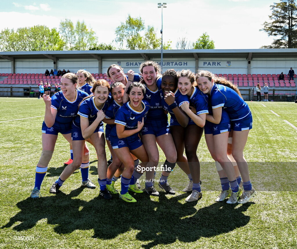 9 May 2026; Leinster 1 celebrate winning the third place play-off after the IRFU U18 Girls 7s Interprovincial Series match between Leinster 1 and Munster 1 at Mullingar RFC in Westmeath. Photo by Paul Phelan/Sportsfile