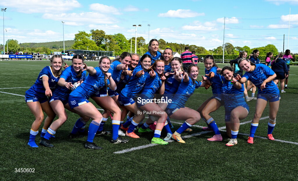 9 May 2026; Leinster 2 celebrate winning the IRFU U18 Girls 7s Interprovincial Series at Mullingar RFC in Westmeath. Photo by Paul Phelan/Sportsfile