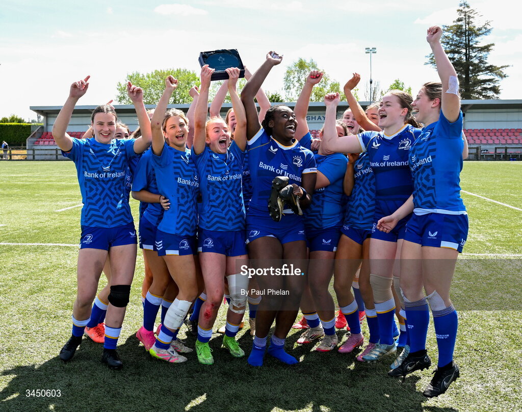 9 May 2026; Leinster 2 celebrate winning the IRFU U18 Girls 7s Interprovincial Series at Mullingar RFC in Westmeath. Photo by Paul Phelan/Sportsfile