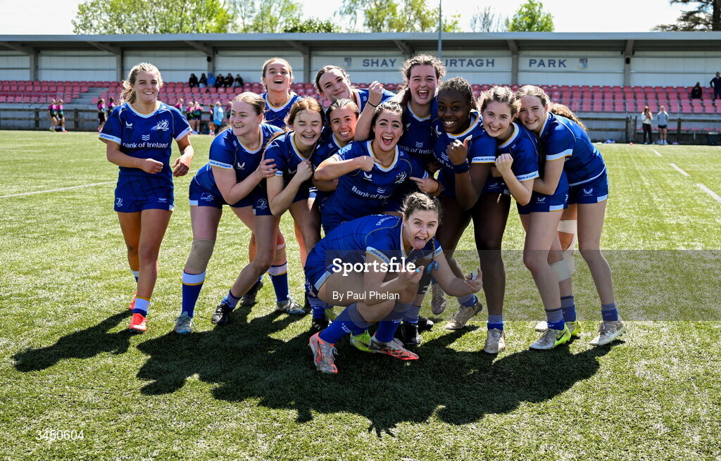 9 May 2026; Leinster 1 celebrate winning the third place play-off after the IRFU U18 Girls 7s Interprovincial Series match between Leinster 1 and Munster 1 at Mullingar RFC in Westmeath. Photo by Paul Phelan/Sportsfile