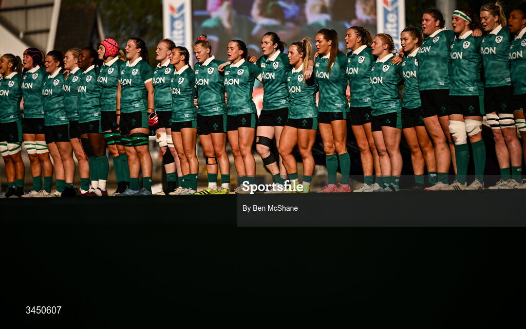 9 May 2026; Ireland players during the playing of Ireland's Call before the Women's 6 Nations Rugby Championship match between Ireland and Wales at Affidea Stadium in Belfast. Photo by Ben McShane/Sportsfile