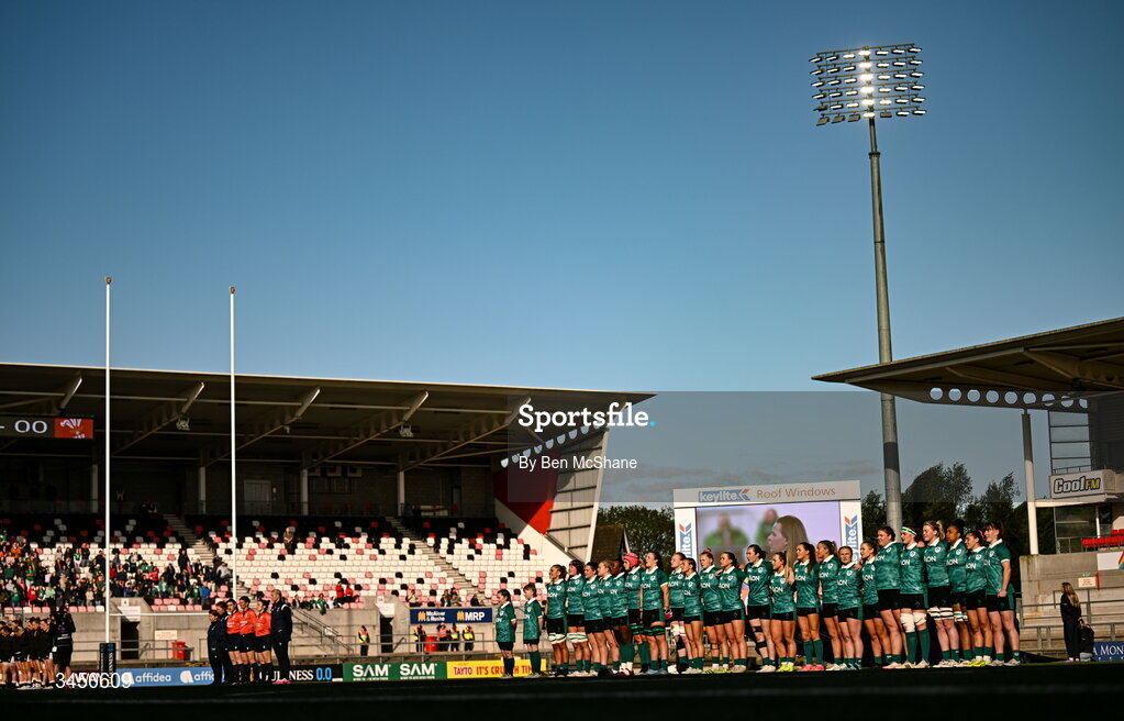 9 May 2026; Ireland players during the playing of Ireland's Call before the Women's 6 Nations Rugby Championship match between Ireland and Wales at Affidea Stadium in Belfast. Photo by Ben McShane/Sportsfile