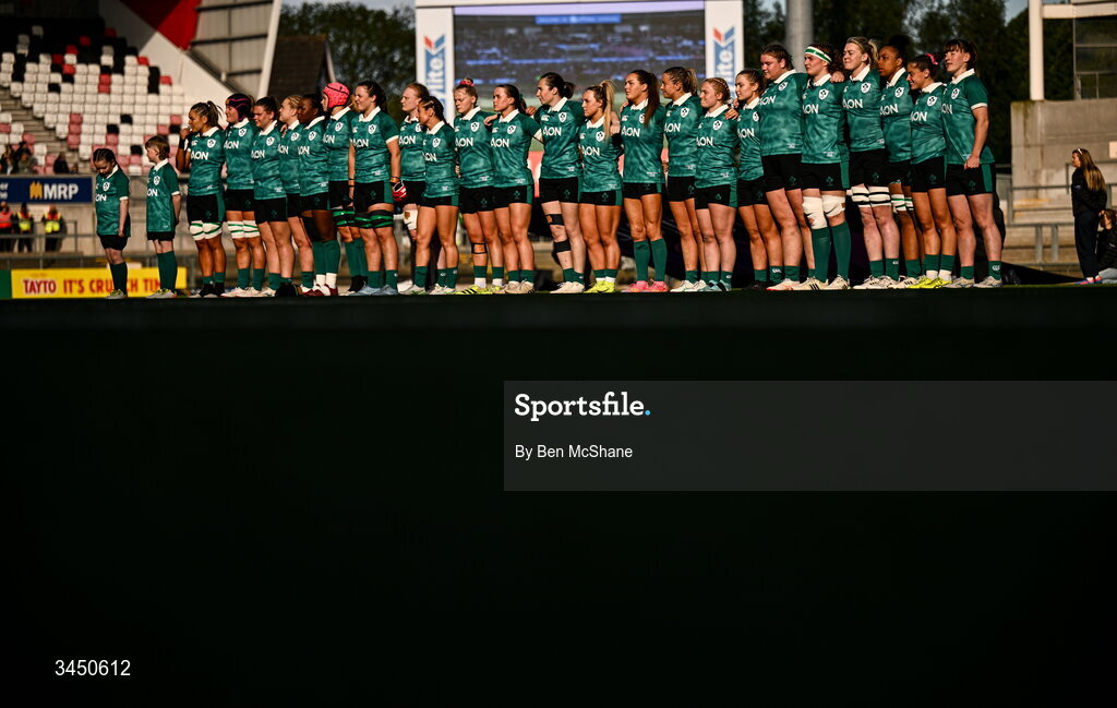 9 May 2026; Ireland players during the playing of Ireland's Call before the Women's 6 Nations Rugby Championship match between Ireland and Wales at Affidea Stadium in Belfast. Photo by Ben McShane/Sportsfile