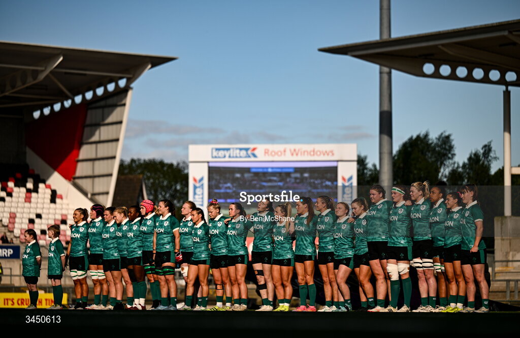 9 May 2026; Ireland players during the playing of Ireland's Call before the Women's 6 Nations Rugby Championship match between Ireland and Wales at Affidea Stadium in Belfast. Photo by Ben McShane/Sportsfile