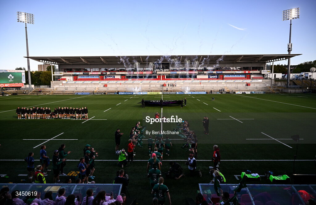 9 May 2026; Ireland players make their way on to the pitch before the Women's 6 Nations Rugby Championship match between Ireland and Wales at Affidea Stadium in Belfast. Photo by Ben McShane/Sportsfile