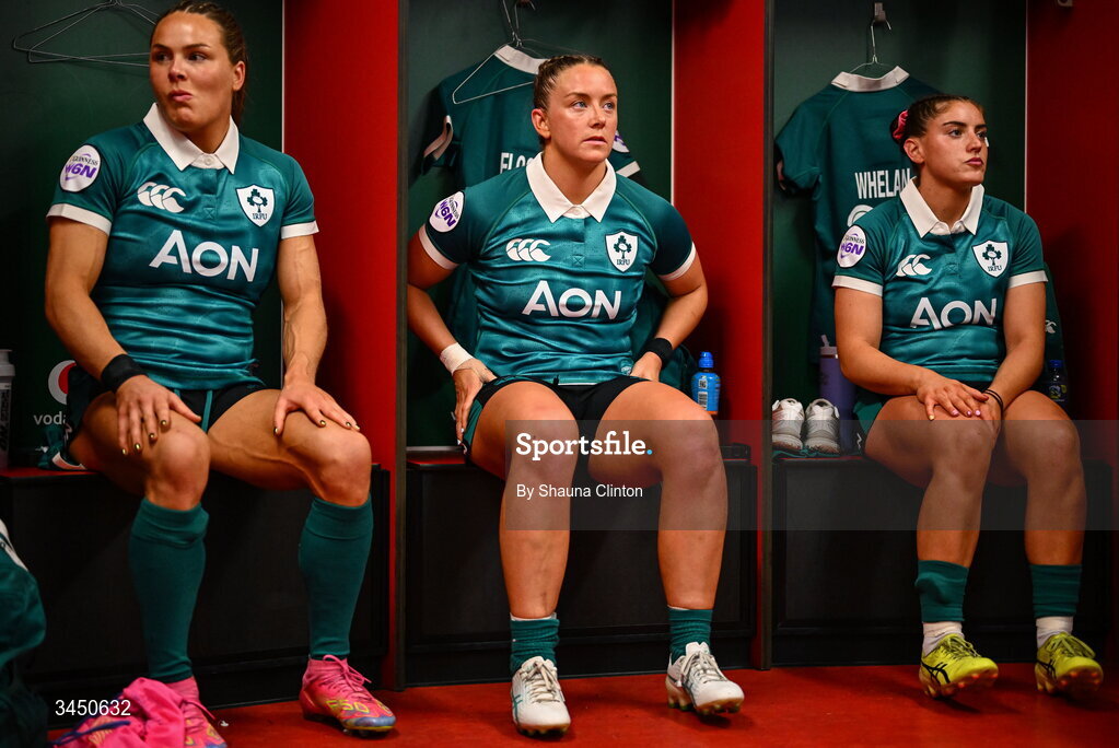 9 May 2026; Ireland players, from left, Béibhinn Parsons, Stacey Flood and Katie Whelan prepare in the dressing-room ahead of the Women's 6 Nations Rugby Championship match between Ireland and Wales at Affidea Stadium in Belfast. Photo by Shauna Clinton/Sportsfile