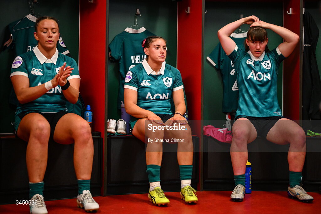 9 May 2026; Ireland players, from left, Stacey Flood, Katie Whelan and Niamh Gallagher prepare in the dressing-room ahead of the Women's 6 Nations Rugby Championship match between Ireland and Wales at Affidea Stadium in Belfast. Photo by Shauna Clinton/Sportsfile