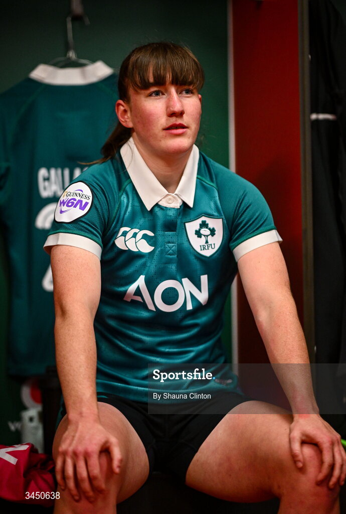 9 May 2026; Niamh Gallagher of Ireland prepares in the dressing-room ahead of the Women's 6 Nations Rugby Championship match between Ireland and Wales at Affidea Stadium in Belfast. Photo by Shauna Clinton/Sportsfile