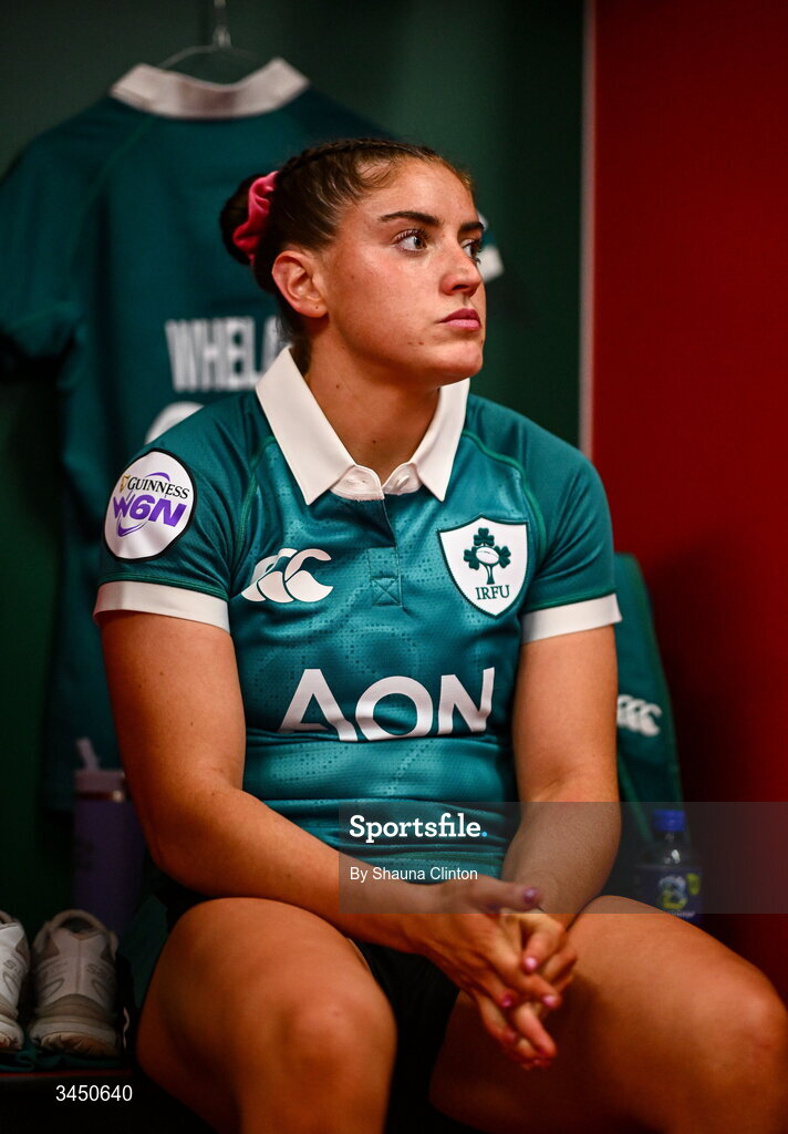 9 May 2026; Katie Whelan of Ireland prepares in the dressing-room ahead of the Women's 6 Nations Rugby Championship match between Ireland and Wales at Affidea Stadium in Belfast. Photo by Shauna Clinton/Sportsfile