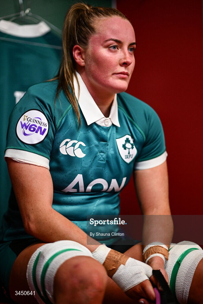 9 May 2026; Fiona Tuite of Ireland prepares in the dressing-room ahead of the Women's 6 Nations Rugby Championship match between Ireland and Wales at Affidea Stadium in Belfast. Photo by Shauna Clinton/Sportsfile