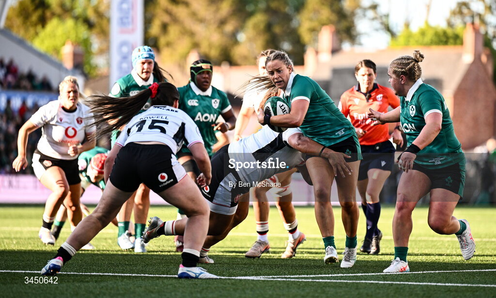 9 May 2026; Stacey Flood of Ireland is tackled by Sisilia Tuipulotu of Wales during the Women's 6 Nations Rugby Championship match between Ireland and Wales at Affidea Stadium in Belfast. Photo by Ben McShane/Sportsfile