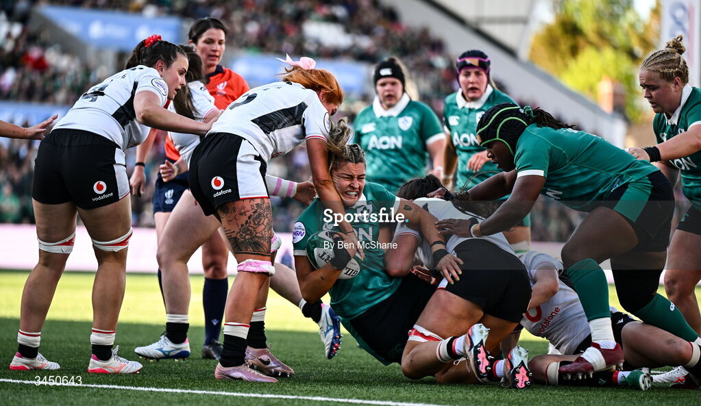 9 May 2026; Erin King of Ireland is tackled by Georgia Evans of Wales the Women's 6 Nations Rugby Championship match between Ireland and Wales at Affidea Stadium in Belfast. Photo by Ben McShane/Sportsfile