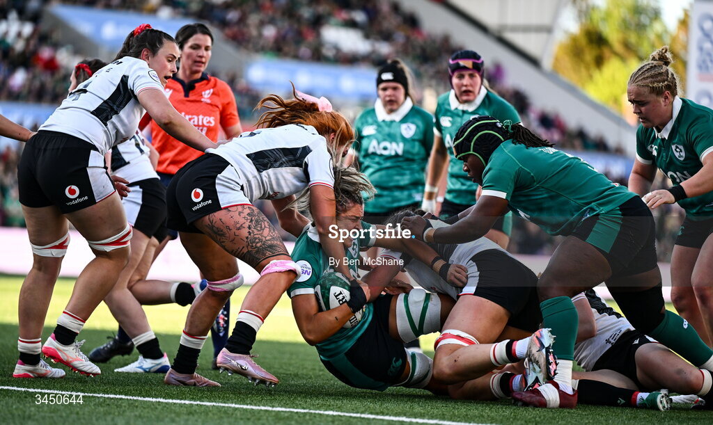 9 May 2026; Erin King of Ireland is tackled by Georgia Evans of Wales the Women's 6 Nations Rugby Championship match between Ireland and Wales at Affidea Stadium in Belfast. Photo by Ben McShane/Sportsfile