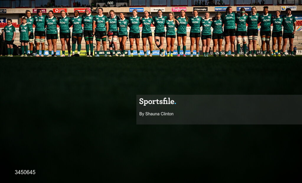 9 May 2026; Ireland players stand for the playing of the national anthems ahead of the Women's 6 Nations Rugby Championship match between Ireland and Wales at Affidea Stadium in Belfast. Photo by Shauna Clinton/Sportsfile