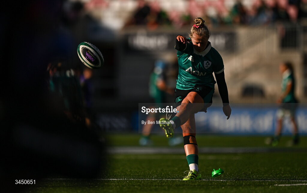 9 May 2026; Dannah O'Brien of Ireland kicks a conversion during the Women's 6 Nations Rugby Championship match between Ireland and Wales at Affidea Stadium in Belfast. Photo by Ben McShane/Sportsfile