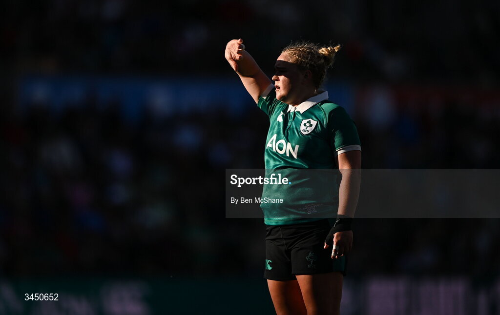 9 May 2026; Cliodhna Moloney MacDonald of Ireland during the Women's 6 Nations Rugby Championship match between Ireland and Wales at Affidea Stadium in Belfast. Photo by Ben McShane/Sportsfile