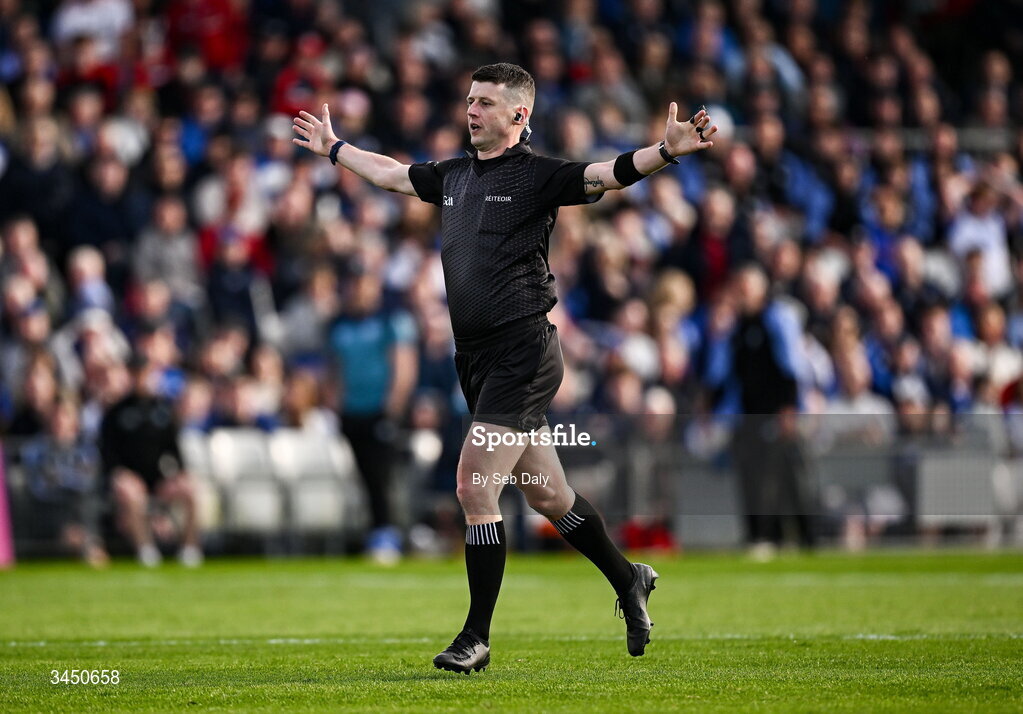 9 May 2026; Referee Sean Stack signals a penalty during the Munster GAA Senior Hurling Championship Round 3 match between Waterford and Cork at Azzurri Walsh Park in Waterford. Photo by Seb Daly/Sportsfile