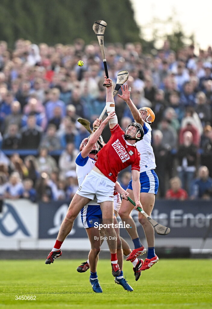 9 May 2026; Eoin Downey of Cork in action against Calum Lyons of Waterford during the Munster GAA Senior Hurling Championship Round 3 match between Waterford and Cork at Azzurri Walsh Park in Waterford. Photo by Seb Daly/Sportsfile