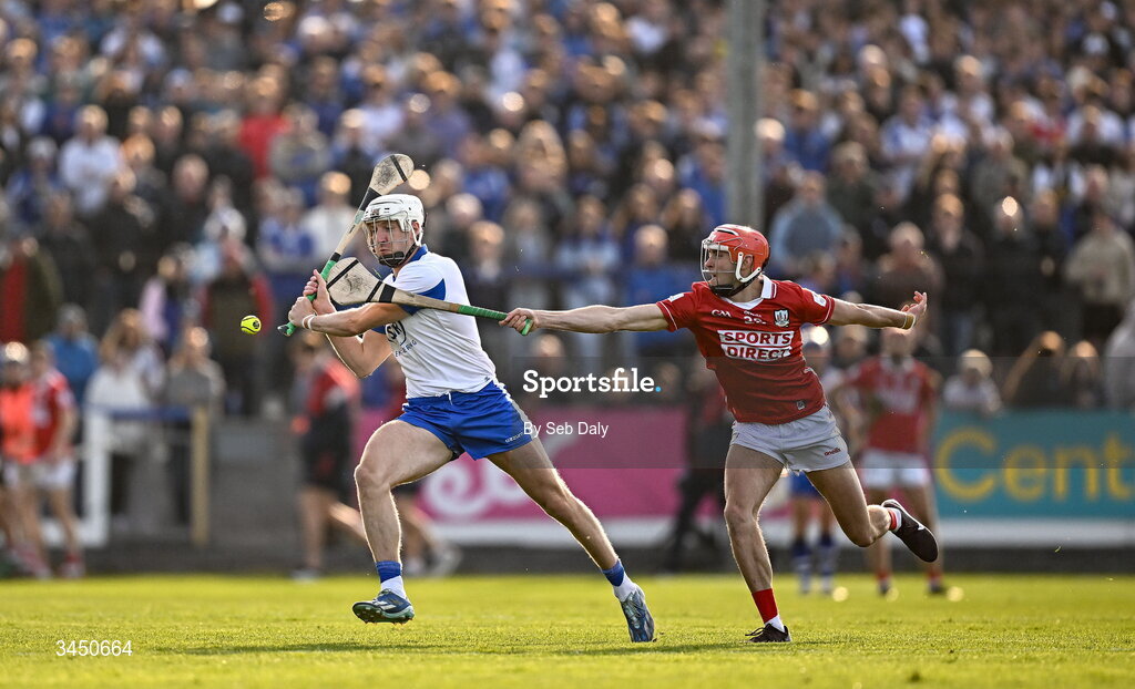 9 May 2026; Jack Fagan of Waterford in action against Hugh O’Connor of Cork during the Munster GAA Senior Hurling Championship Round 3 match between Waterford and Cork at Azzurri Walsh Park in Waterford. Photo by Seb Daly/Sportsfile
