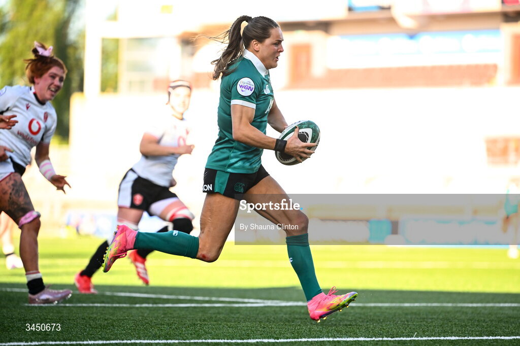 9 May 2026; Béibhinn Parsons of Ireland scores her side's second try during the Women's 6 Nations Rugby Championship match between Ireland and Wales at Affidea Stadium in Belfast. Photo by Shauna Clinton/Sportsfile