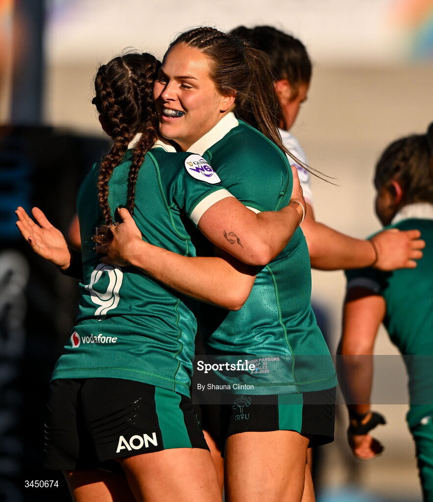 9 May 2026; Béibhinn Parsons of Ireland, right, is congratulated by team-mate Emily Lane after scoring her side's second try during the Women's 6 Nations Rugby Championship match between Ireland and Wales at Affidea Stadium in Belfast. Photo by Shauna Clinton/Sportsfile