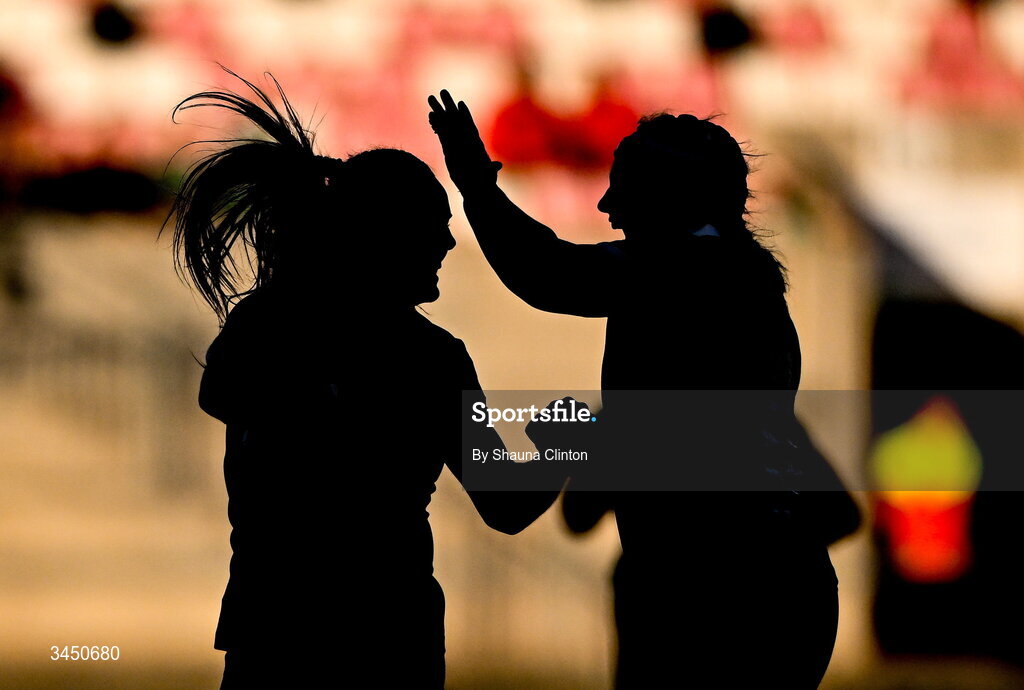 9 May 2026; Béibhinn Parsons of Ireland, left, is congratulated by team-mate Aoife Wafer after scoring her side's second try during the Women's 6 Nations Rugby Championship match between Ireland and Wales at Affidea Stadium in Belfast. Photo by Shauna Clinton/Sportsfile
