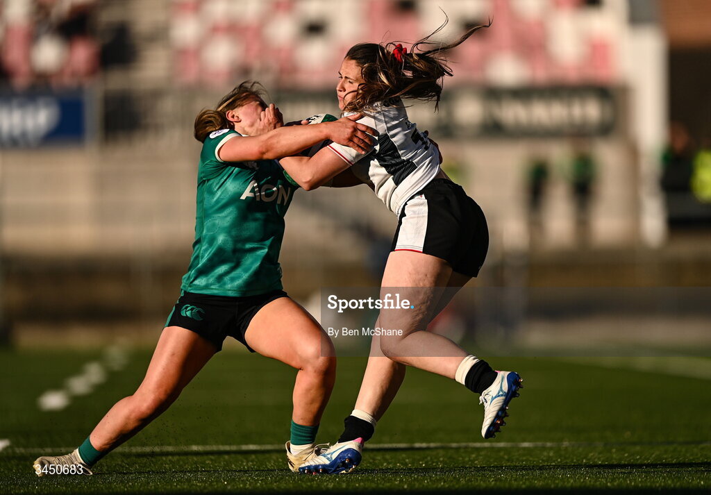 9 May 2026; Kayleigh Powell of Wales is tackled by Robyn O'Connor of Ireland during the Women's 6 Nations Rugby Championship match between Ireland and Wales at Affidea Stadium in Belfast. Photo by Ben McShane/Sportsfile