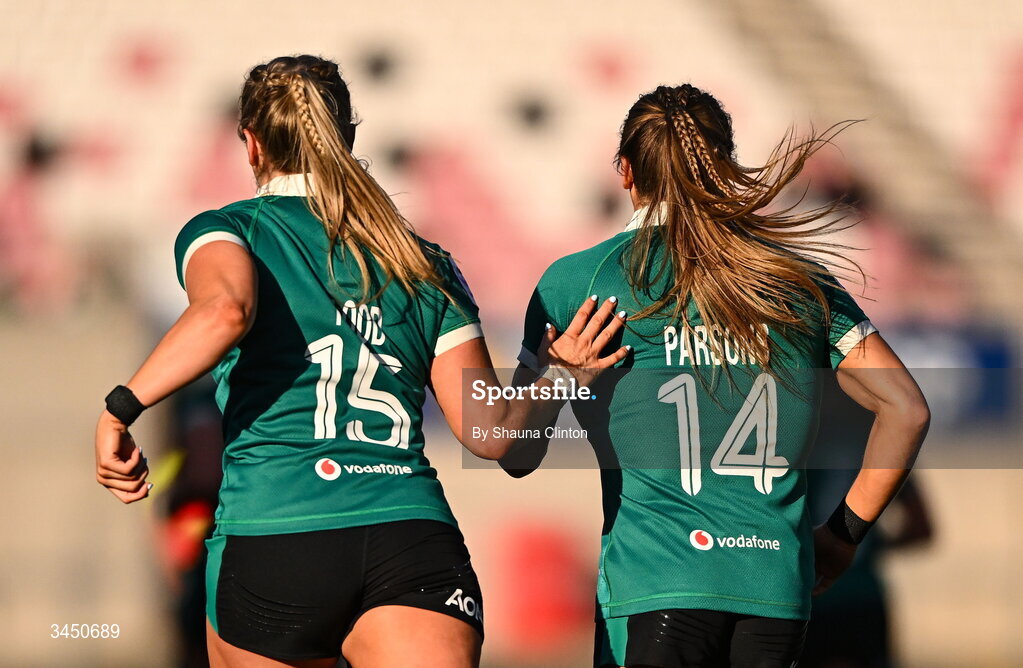 9 May 2026; Béibhinn Parsons of Ireland, right, is congratulated by team-mate Stacey Flood after scoring her side's second try during the Women's 6 Nations Rugby Championship match between Ireland and Wales at Affidea Stadium in Belfast. Photo by Shauna Clinton/Sportsfile
