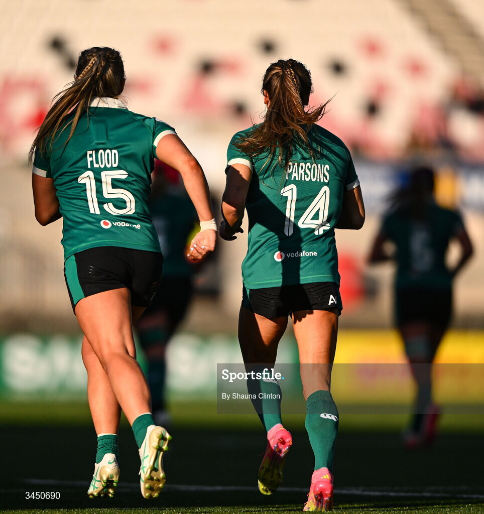 9 May 2026; Béibhinn Parsons of Ireland, right, is congratulated by team-mate Stacey Flood after scoring her side's second try during the Women's 6 Nations Rugby Championship match between Ireland and Wales at Affidea Stadium in Belfast. Photo by Shauna Clinton/Sportsfile