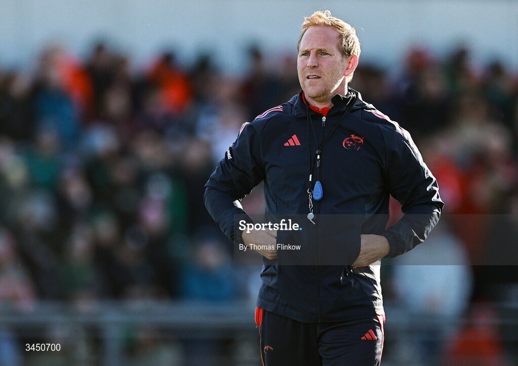 9 May 2026; Munster assistant coach Mike Prendergast before the United Rugby Championship match between Connacht and Munster at Dexcom Stadium in Galway. Photo by Thomas Flinkow/Sportsfile